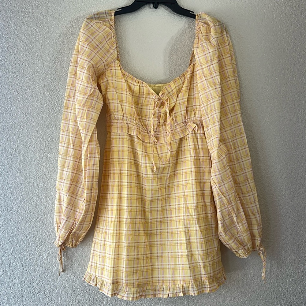Charlie Holiday Elsie mini dress long sleeve yellow and pink check size 4 NWT
